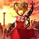  animal_ears arms_behind_back bow cat_ears cat_tail chen china_dress chinese_clothes dress earrings eyes gap hat jewelry multiple_tails ribbon short_hair solo sunakumo sunset tail touhou 