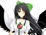  black_hair bow cape green_bow green_eyes hair_ribbon kirisaki_byakko long_hair one_eye_closed reiuji_utsuho ribbon solo touhou wings 