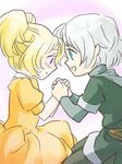  1girl aqua_eyes blonde_hair cecil_harvey child couple dress final_fantasy final_fantasy_iv hetero holding_hands lowres masu_(artist) open_mouth purple_eyes rosa_farrell short_twintails smile twintails white_hair younger 