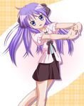  blue_eyes casual feet_out_of_frame hiiragi_kagami long_hair lucky_star purple_hair ribbon solo stretch takumi_(rozen_garten) twintails 