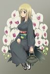  ana_coppola bad_id bad_pixiv_id bag blonde_hair breasts floral_background flower full_body grey_background grey_kimono handbag ichigo_mashimaro japanese_clothes kimono large_breasts obi older orchid sandals sash sitting solo tabi xxkuroxx 