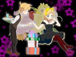  1girl bad_id bad_pixiv_id brother_and_sister butler cake closed_eyes dress drink flower food gift hair_ribbon kagamine_len kagamine_rin masyu pantyhose pastry pudding ribbon siblings sitting star tray twins vocaloid 