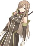  breasts brown_hair dutch_angle gloves hair_over_one_eye holding holding_weapon large_breasts long_hair looking_at_viewer mizuki_makoto polearm sidelocks simple_background solo staff tales_of_(series) tales_of_the_abyss tear_grants very_long_hair weapon white_background 