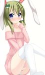  alternate_costume animal_ears bad_id bad_pixiv_id bare_shoulders between_legs blue_eyes blush bunny_ears chimunge collarbone covering covering_crotch frog_hair_ornament green_hair hair_ornament hand_between_legs hand_to_own_mouth highres kochiya_sanae long_sleeves looking_at_viewer nearly_naked_sweater off_shoulder panties pantyshot pantyshot_(sitting) simple_background sitting solo sweater thighhighs touhou underwear white_background white_legwear white_panties 