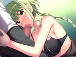  1girl amakura bare_shoulders blush bra braid breasts censored cleavage fellatio game_cg green_hair large_breasts long_hair oral penis skirt sweat tenioha!_onna_no_ko_datte_honto_ha_ecchi_da_yo? underwear yellow_eyes 