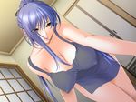  1girl bare_shoulders blue_hair blush breasts cleavage dress erect_nipples game_cg indoors large_breasts long_hair looking_at_viewer neev no_bra ogushi_yuniko ponytail sano_toshihide smile solo standing yellow_eyes 