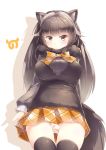  1girl absurdres animal_ear_fluff animal_ears black_legwear blush bow bowtie brown_eyes brown_hair commentary_request eyebrows_visible_through_hair food_print frown full_body highres horns japari_symbol kanzakietc kemono_friends long_hair looking_at_viewer muskox_(kemono_friends) orange_skirt panties plaid plaid_neckwear plaid_skirt pleated_skirt print_panties skirt solo strawberry_panties strawberry_print tail thighhighs underwear 