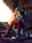  blue_eyes clothes_writing copyright_name fisheye_placebo frey_(fisheye_placebo) graffiti grey_hair headphones highres instrument manhole sitting stairs transparent violin wenqing_yan 