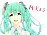  asutora character_name green_eyes green_hair hatsune_miku heart long_hair necktie open_mouth simple_background smile solo vocaloid white_background 