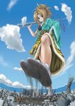  absurdres black_bra blonde_hair bra building city cloud day destruction eichikei_(hakuto) feet giantess highres oda_nobuna oda_nobuna_no_yabou smoke tokyo_(city) tokyo_sky_tree underwear yellow_eyes 