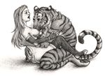  anthro breast_suck breasts digitigrade duo ezzleo feline female hair hindpaw human human_on_anthro interspecies kathleen kneeling kymo light_skin male mammal monochrome nipples nude open_mouth pawpads paws plain_background russ sex straight stripes tiger toes white_background 