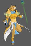  anthro bleuhawke blue_eyes breasts canine cleavage clothed clothing female fox jewelry looking_at_viewer mammal plain_background polearm pose ring shining_(series) shining_force solo staff video_games 