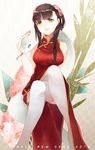  2013 bare_shoulders blue_eyes breasts brown_hair china_dress chinese_clothes crossed_legs dress flower forked_tongue green_eyes hair_flower hair_ornament large_breasts long_hair original red_dress shiyun side_slit sitting smile snake thighhighs tongue white_legwear white_snake 