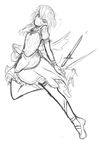  apron arceonn braid gloves greyscale hair_tubes highres izayoi_sakuya koumajou_densetsu koumajou_densetsu_2 maid monochrome shoes short_hair short_sword sketch solo sword thighhighs touhou twin_braids watch weapon wristwatch 