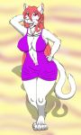  anthro artemis_tsukino big_breasts breasts clothing colored_nails domestic_cat dress felid feline felis female fur hair long_hair long_tail mammal mature_female nipple_bulge open_mouth paws pink_eyes pink_hair pink_nose solo whiskers white_fur wide_hips xheten 