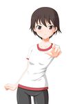  bangs bike_shorts black_shorts brown_eyes brown_hair flat_chest girls_und_panzer gym_shirt gym_uniform isobe_noriko looking_at_viewer pointing shirt short_hair short_sleeves shorts sleeveless standing takasugi_rinko white_shirt 