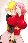  1boy 1girl alternate_breast_size blonde_hair breasts eyes_closed fingering fingering_through_clothes green_eyes happy haruno_sakura hug hug_from_behind huge_breasts naruto pink_hair reach-around reach_around smile sunahara_wataru through_clothes uzumaki_naruto 