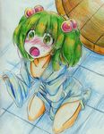  blush breasts bucket collarbone downblouse green_eyes green_hair hair_bobbles hair_ornament highres kisume nichibotsu_(kitaziman) open_mouth sitting small_breasts solo touhou traditional_media wariza wooden_bucket 