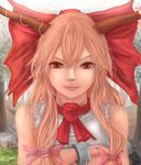  bad_id bad_pixiv_id blurry bow chaki_(emeraldia) cherry_blossoms crossed_arms cuffs depth_of_field eyelashes forest grass hair_bow horn_ribbon horns ibuki_suika light_smile lips long_hair looking_at_viewer nature nose realistic red_eyes red_hair ribbon rock shackles shirt sidelocks sleeveless sleeveless_shirt slit_pupils solo touhou upper_body 