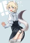  1girl alternate_costume animal_ears blonde_hair blue_eyes blush brave_witches kirusu nikka_edvardine_katajainen panties pantyshot solo sweatdrop tail thighhighs underwear world_witches_series 