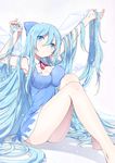  absurdly_long_hair alternate_hair_length alternate_hairstyle armpits bad_id bad_pixiv_id bare_legs barefoot big_hair blue_eyes blue_hair blue_skirt bow breast_press breasts cirno cleavage hair_bow hand_in_hair highres holding holding_hair ice ice_wings impossible_clothes impossible_shirt large_breasts legs long_hair older shirt simple_background sitting skirt solo teenage touhou very_long_hair wings yamada_ranga 