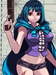  1girl blue_hair breasts cape death_is_13 ein_(one_piece) frills gun long_hair midriff one_piece one_piece_film_z red_eyes shorts weapon 