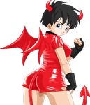  1girl ass black_hair blue_eyes clenched_hand costume demon_girl demon_horns demon_tail demon_wings devil dragon_ball dragonball fingerless_gloves gloves horns looking_at_viewer looking_back lowres short_hair solo standing tail videl warner white_background wings 
