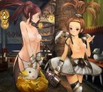  armor bird breasts brown_eyes brown_hair commentary_request duck gauntlets hairband highres medium_breasts monster_hunter monster_hunter_frontier multiple_girls navel nipples pauldrons profile skirt smile topknot topless twintails zi-dabu 