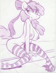  anthrofied apple_bloom_(mlp) bow breasts equine female friendship_is_magic hair horse king-cheetah legwear mammal monochrome my_little_pony nipples nude pony purple_and_white sitting sketch solo stockings striped_socks 