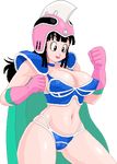  armor bikini_armor black_eyes black_hair breasts cape chi-chi_(dragon_ball) chichi choker cleavage dragon_ball dragonball erect_nipples gloves helmet large_breasts lipstick long_hair lowres makeup midriff milk navel panties shoulder_pads simple_background smile solo underwear warner wide_hips 