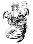  2013 bare_shoulders breasts breasts_apart english greyscale hair_ornament hairclip happy_new_year japanese_clothes kimono lamia large_breasts loincloth long_hair miia_(monster_musume) monochrome monster_girl monster_musume_no_iru_nichijou new_year no_bra obi off_shoulder pointy_ears sash scales slit_pupils solo striped vinhnyu 