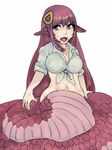  breasts fangs lamia large_breasts long_hair miia_(monster_musume) monster_girl monster_musume_no_iru_nichijou navel njoy pointy_ears red_hair scales shirt sleeves_rolled_up slit_pupils snake_tail solo tail tied_shirt yellow_eyes 