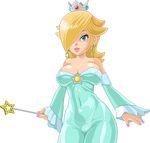  1girl blonde_hair blue_eyes breasts cleavage crown dress gem hair_over_one_eye large_breasts lips mario_(series) naughty_face nintendo nipples plump pussy rosalina_(mario) rosetta_(mario) seductive_smile see-through see-through_dress solo star super_mario_bros. super_mario_galaxy uncensored wand warner 