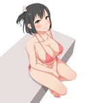  bad_id bad_pixiv_id barefoot bikini black_hair blush breasts brown_eyes hair_ornament hairclip iwamochi large_breasts looking_up original short_hair side_ponytail simple_background sitting smile solo swimsuit 