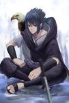  bald_eagle bird blue_hair blurry citemer depth_of_field eagle highres hood indian_style male_focus naruto naruto_(series) naruto_shippuuden planted_sword planted_weapon red_eyes sandals sitting solo sword uchiha_sasuke weapon 
