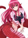  bad_id bad_pixiv_id breasts cleavage hair_ornament hairclip hands_together hima_hijiki lamia large_breasts long_hair miia_(monster_musume) monster_girl monster_musume_no_iru_nichijou navel open_clothes open_shirt own_hands_together pointy_ears red_eyes red_hair scales shirt sleeves_rolled_up slit_pupils solo v_arms 