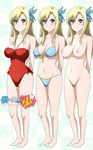  arms_behind_back barefoot bikini blonde_hair blue_bikini blush boku_wa_tomodachi_ga_sukunai breasts butterfly_hair_ornament checkered checkered_background copyright_name covered_navel covered_nipples groin hair_ornament highres kashiwazaki_sena large_breasts long_hair navel nipples one-piece_swimsuit pubic_hair pussy red_swimsuit swimsuit tonotyama 
