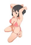  armpits arms_up bad_id bad_pixiv_id barefoot bikini black_hair blush breasts brown_eyes feet food full_body hair_ornament hairclip iwamochi kneeling looking_up medium_breasts mouth_hold navel original pocky short_hair side_ponytail simple_background solo swimsuit white_background 