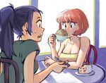 bare_shoulders blue_hair breasts bunny cafe cake casual chair cleavage cup dated food fork fruit green_eyes large_breasts mariel_cartwright multiple_girls open_mouth original pink_hair plate ponytail sitting slice_of_cake spaghetti_strap strawberry strawberry_shortcake sweatdrop table teacup 