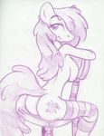  anthrofied apple_bloom_(mlp) breasts butt chair cutie_mark equine female friendship_is_magic hair horse king-cheetah legwear mammal monochrome my_little_pony nude pony purple_and_white side_boob sitting sketch smile solo stockings striped_socks 