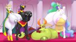  2019 absurd_res anthro big_breasts blues64 breasts clothing digital_media_(artwork) equine felid feline female friendship_is_magic group hair hi_res horn huge_breasts hyper hyper_breasts lactating long_hair mammal marauder6272 milk multicolored_hair my_little_pony nipples open_mouth princess_celestia_(mlp) thorax_(mlp) tongue winged_unicorn wings 