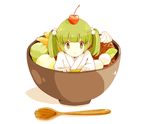  bad_id bad_pixiv_id banana blush bowl cherry food fruit green_eyes green_hair gumi. hair_bobbles hair_ornament in_bowl in_container in_food japanese_clothes kimono kisume kiwifruit looking_at_viewer object_on_head short_hair simple_background solo spoon touhou twintails white_background wooden_spoon 