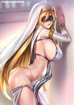  1girl against_wall ass badcompzero bangs blindfold blonde_hair blush breasts dress elbow_gloves gloves goblin_slayer! habit highres large_breasts lips long_hair no_panties open_mouth revealing_clothes shiny shiny_hair shiny_skin smile solo standing sweat sword_maiden very_long_hair white_dress white_gloves 