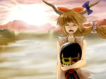  bow brown_hair closed_eyes crying dress hair_bow hokuto_no_ken holding horn_ornament horn_ribbon horns ibuki_suika jagi landscape light_rays long_hair mask oni open_mouth ribbon shirome_(saitouyorozu) sleeveless solo sunlight tears torn_clothes torn_sleeves touhou upper_body 