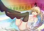  absurdres bath blonde_hair blurry breasts brown_eyes dress_shirt han-0v0 highres long_hair nipples open_clothes open_shirt original partially_submerged pussy shirt small_breasts solo thighhighs uncensored 