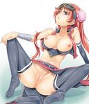  1girl anus ass belt black_legwear blue_eyes breasts breasts_outside bun_cover double_bun feet gintama goggles goggles_on_head gyonikun kagura_(gintama) large_breasts long_hair navel nipples no_panties no_shoes pussy red_hair sitting skirt solo spread_legs thighhighs uncensored 