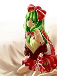  :&lt; absurdres arm_ribbon bad_id bad_pixiv_id bare_shoulders barefoot blush bow breasts camisole frills front_ponytail green_eyes green_hair hair_bow hair_ornament hair_ribbon highres kagiyama_hina long_hair looking_at_viewer medium_breasts off_shoulder ribbon short_sleeves sitting solo touhou transistor wariza 