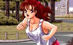  90s breasts building cleavage d.o. dithering game_cg half_updo hirosaki_yuui lipstick long_hair makeup medium_breasts oldschool open_mouth outdoors park pc98 pixel_art ponytail red_eyes red_hair running tank_top tree wavy_hair youjuu_senki_a.d._2048 