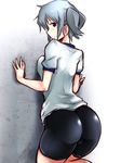  against_wall ass bike_shorts blue_eyes blue_hair breast_press breasts gym_uniform hidamari_sketch kagami_uekusa nori short_hair solo twintails wall 