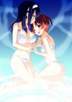  ;d ass blue_eyes blue_hair blush bra breasts brown_eyes brown_hair cleavage docking_(vividred_operation) futaba_aoi_(vividred_operation) glowing hairband holding_hands interlocked_fingers isshiki_akane lingerie long_hair medium_breasts multiple_girls one_eye_closed open_mouth panties saki_chisuzu scrunchie short_hair small_breasts smile twintails underwear underwear_only vividred_operation yuri 